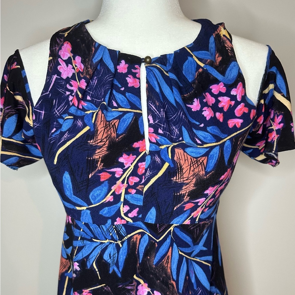 Anthropologie Maeve Elia Dress Sz 2 Black Blue Floral Cold Shoulder Midi#893 - Picture 3 of 12